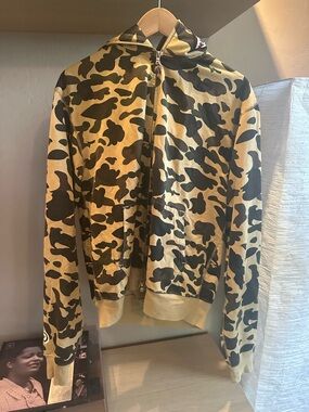 “Bape.” Camo Zip-Up Hoodie in Tan and Black